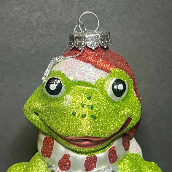 Vintage Large Green & Red Glitter Blown Glass Frog Christmas Ornament 5" - Picture 2 of 6